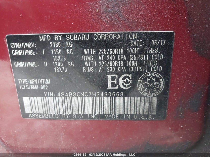 2017 Subaru Outback 2.5I Limited VIN: 4S4BSCNC7H3430668 Lot: 12564162