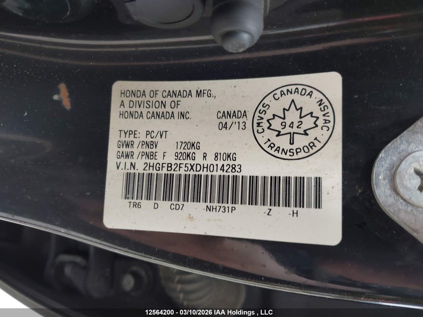 2013 Honda Civic Lx VIN: 2HGFB2F5XDH014283 Lot: 12564200