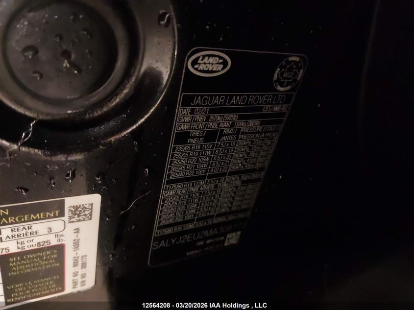 2021 Land Rover Range Rover Velar S VIN: SALYJ2EU2MA308173 Lot: 12564208