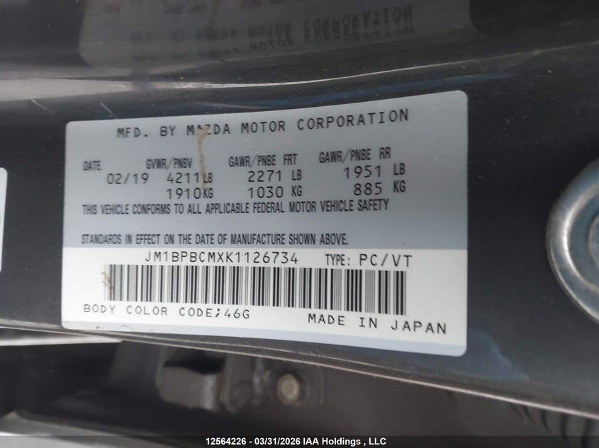 2019 Mazda Mazda3 Gs VIN: JM1BPBCMXK1126734 Lot: 12564226