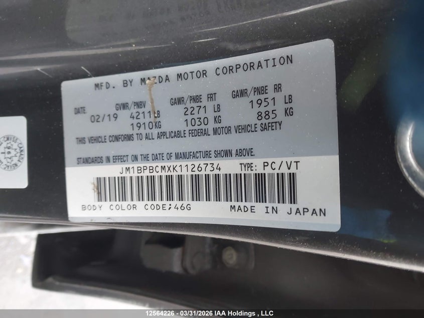 2019 Mazda Mazda3 Gs VIN: JM1BPBCMXK1126734 Lot: 12564226