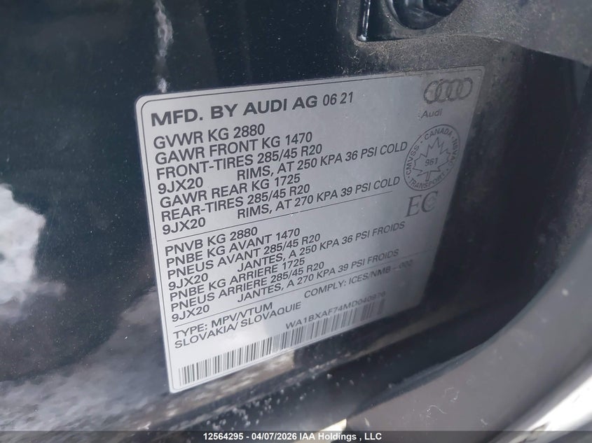 2021 Audi Q7 VIN: WA1BXAF74MD040976 Lot: 12564295