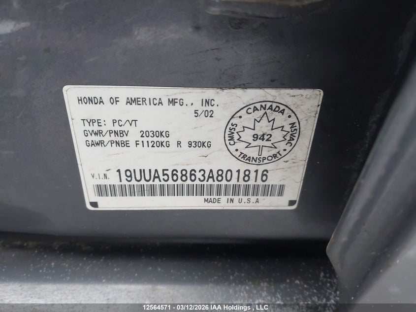 2003 Acura 3.2Tl Type-S VIN: 19UUA56863A801816 Lot: 12564571