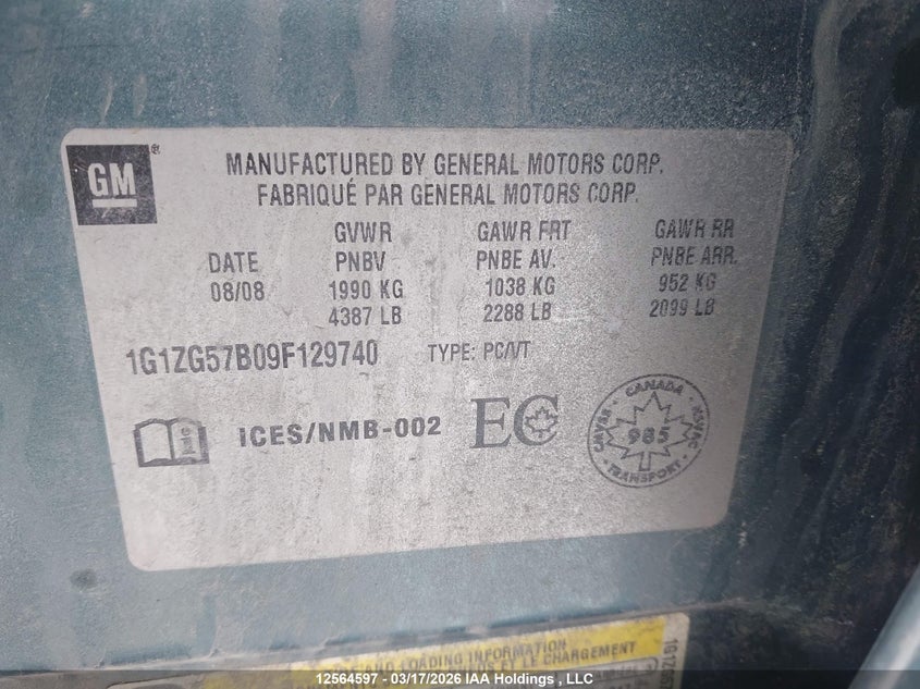 2009 Chevrolet Malibu Ls VIN: 1G1ZG57B09F129740 Lot: 12564597