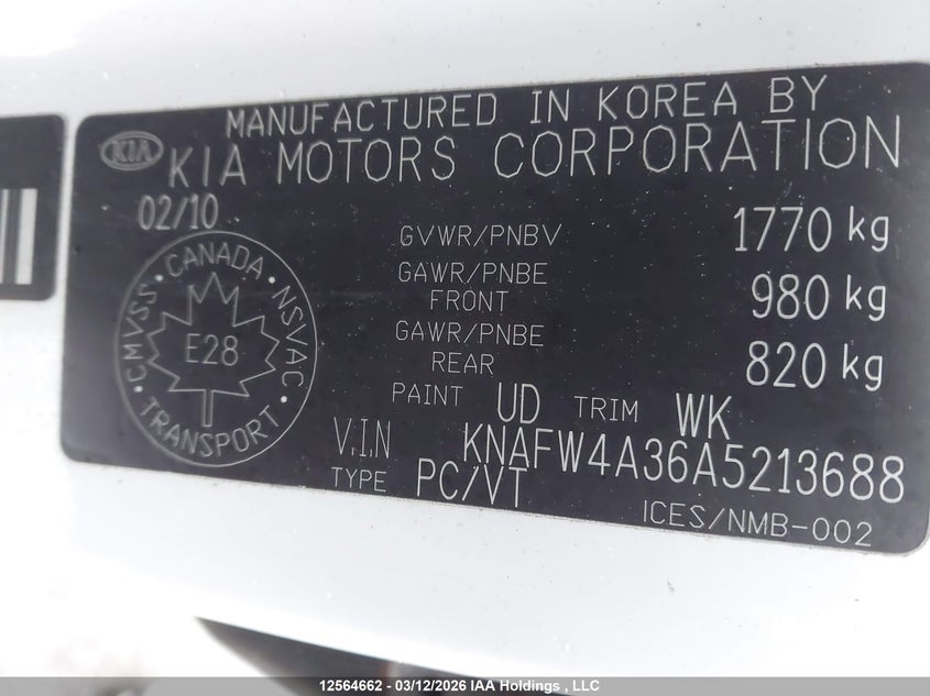 2010 Kia Forte Sx VIN: KNAFW4A36A5213688 Lot: 12564662