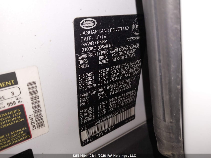 2016 Land Rover Range Rover Sport V8 Supercharged VIN: SALWR2EF9GA121471 Lot: 12564684