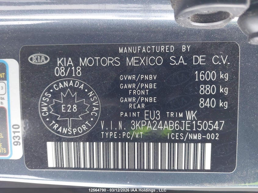 2018 Kia Rio Lx/Lx+ VIN: 3KPA24AB6JE150547 Lot: 12564790