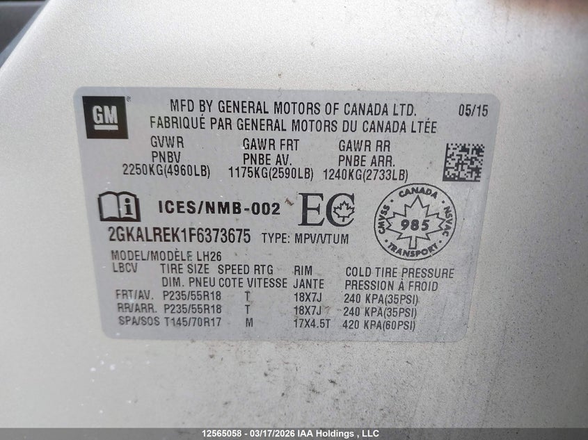 2015 GMC Terrain Sle-2 VIN: 2GKALREK1F6373675 Lot: 12565058