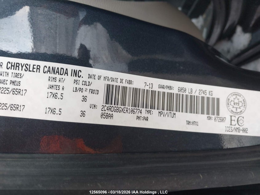 2014 Dodge Grand Caravan Se VIN: 2C4RDGBGXER106774 Lot: 12565096