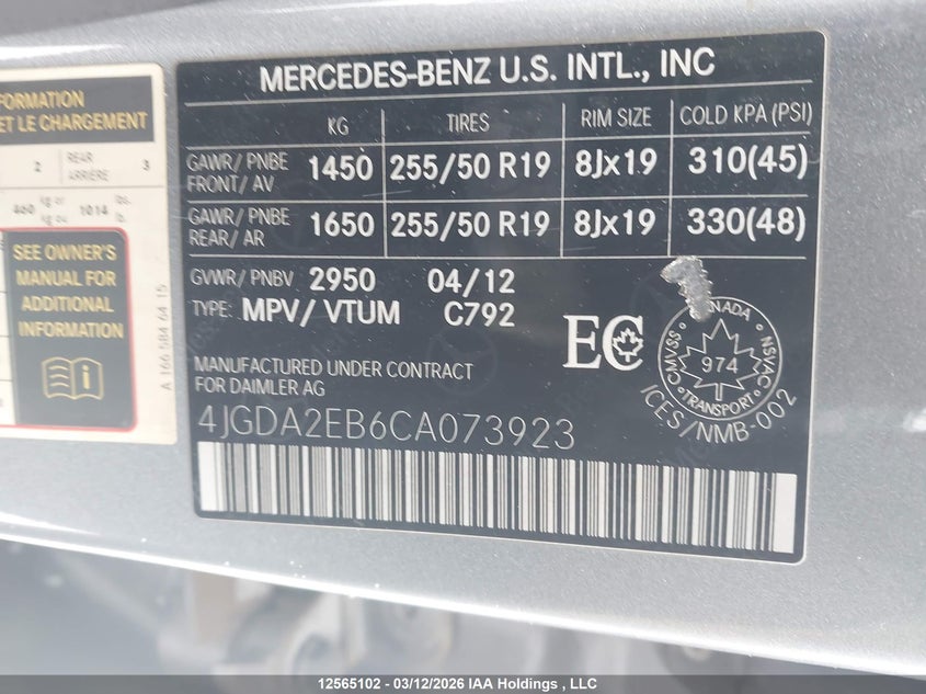2012 Mercedes-Benz Ml 350 Bluetec VIN: 4JGDA2EB6CA073923 Lot: 12565102