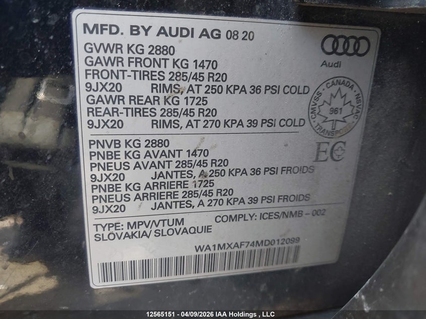 2021 Audi Q7 VIN: WA1MXAF74MD012099 Lot: 12565151