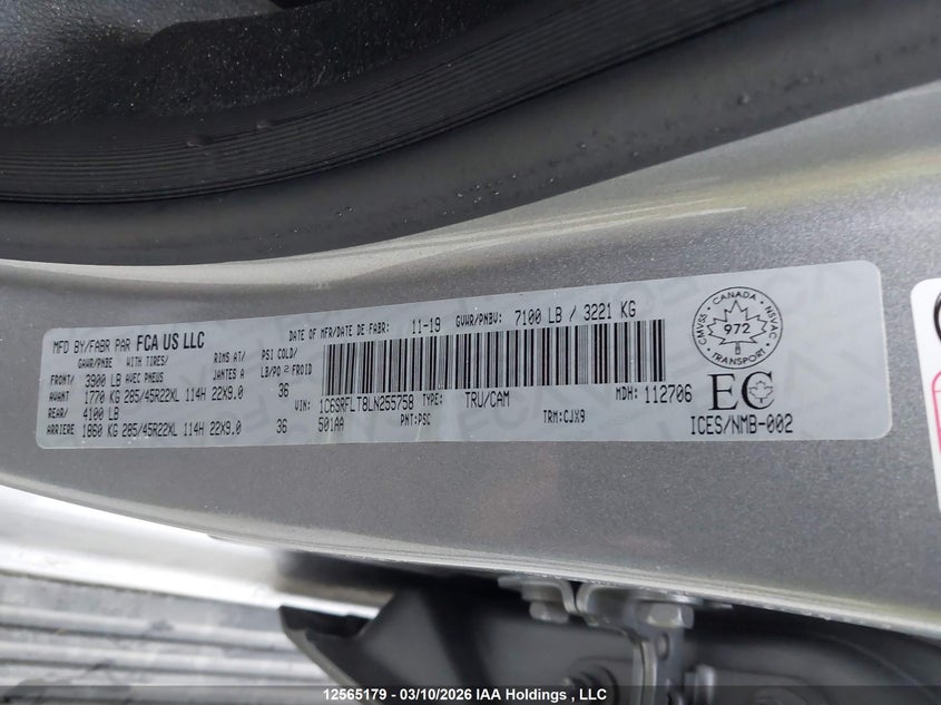 2020 Ram 1500 Rebel VIN: 1C6SRFLT8LN255758 Lot: 12565179