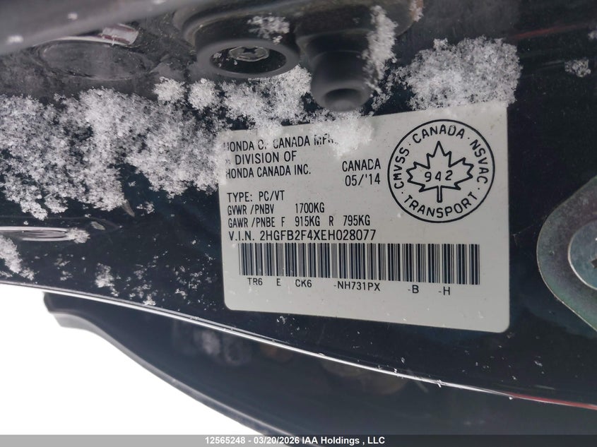 2014 Honda Civic VIN: 2HGFB2F4XEH028077 Lot: 12565248