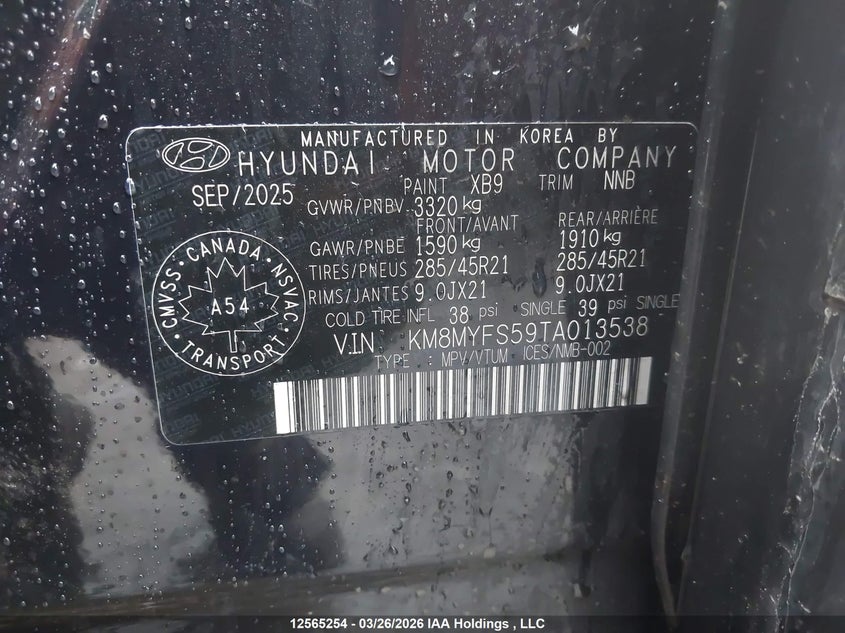 2026 Hyundai Ioniq 9 Preferred Awd+ With Ultimate Calligraphy Package VIN: KM8MYFS59TA013538 Lot: 12565254