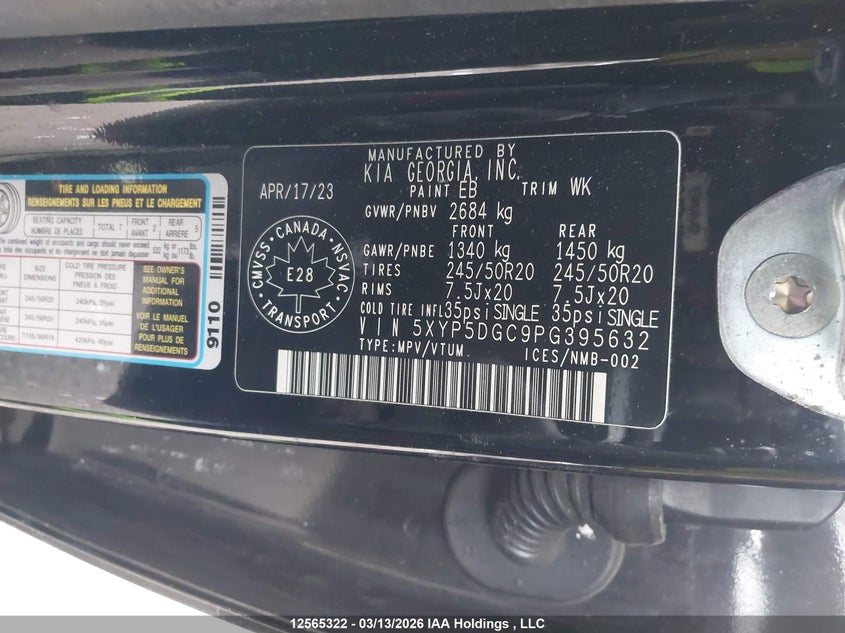 2023 Kia Telluride Sx/Sx Limited/X-Line/X-Pro VIN: 5XYP5DGC9PG395632 Lot: 12565322