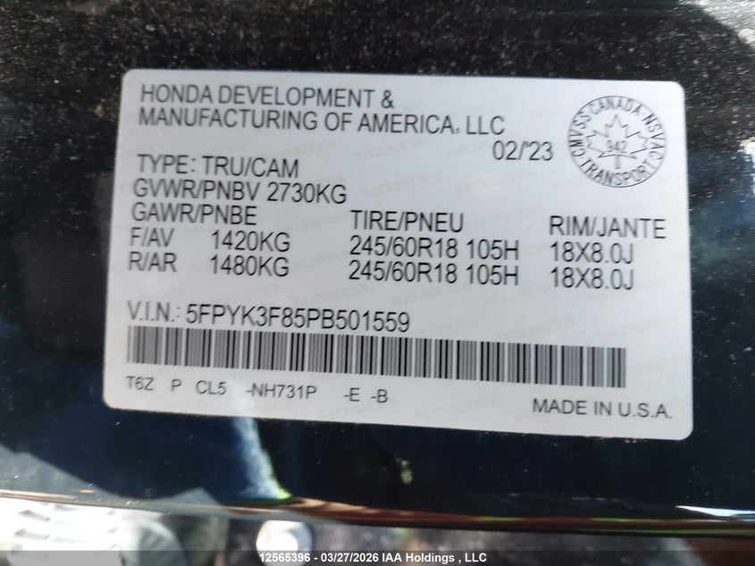 2023 Honda Ridgeline Black Edition VIN: 5FPYK3F85PB501559 Lot: 12565396