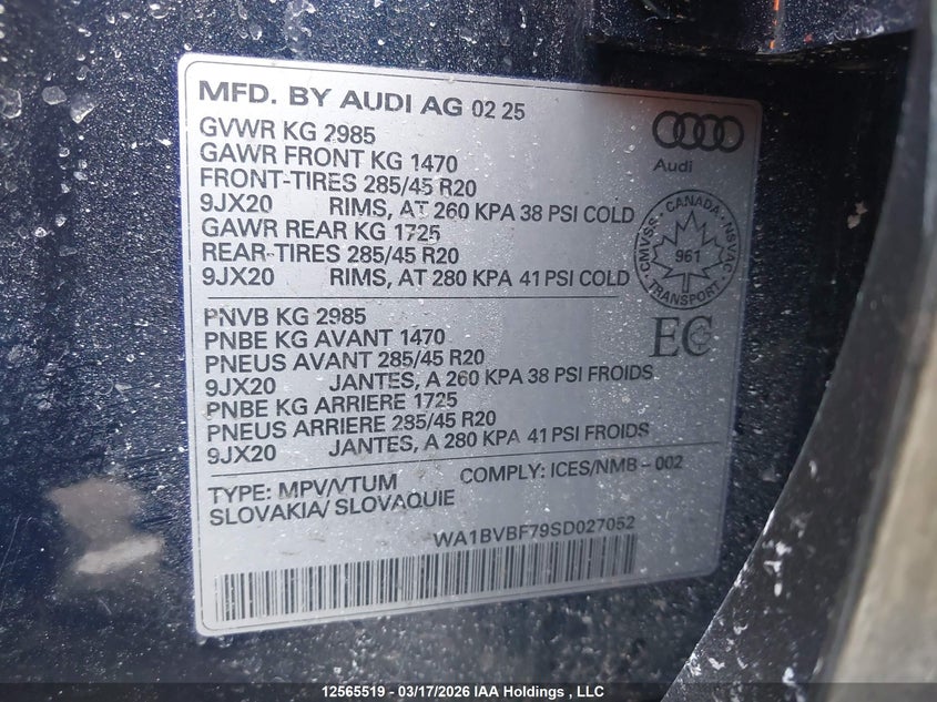 2025 Audi Q7 VIN: WA1BVBF79SD027052 Lot: 12565519