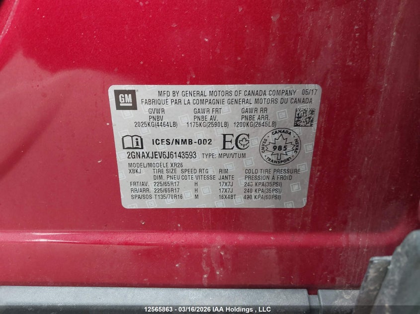 2018 Chevrolet Equinox Lt VIN: 2GNAXJEV6J6143593 Lot: 12565863