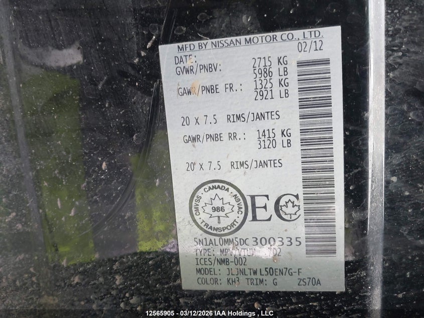 2013 Infiniti Jx35 VIN: 5N1AL0MM5DC300335 Lot: 12565905