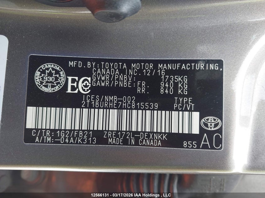 2017 Toyota Corolla Le VIN: 2T1BURHE7HC815539 Lot: 12566131