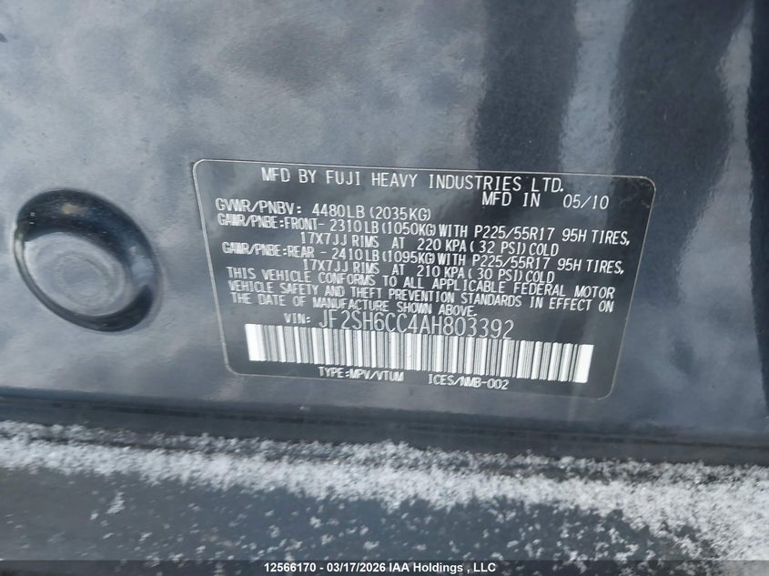 2010 Subaru Forester VIN: JF2SH6CC4AH803392 Lot: 12566170