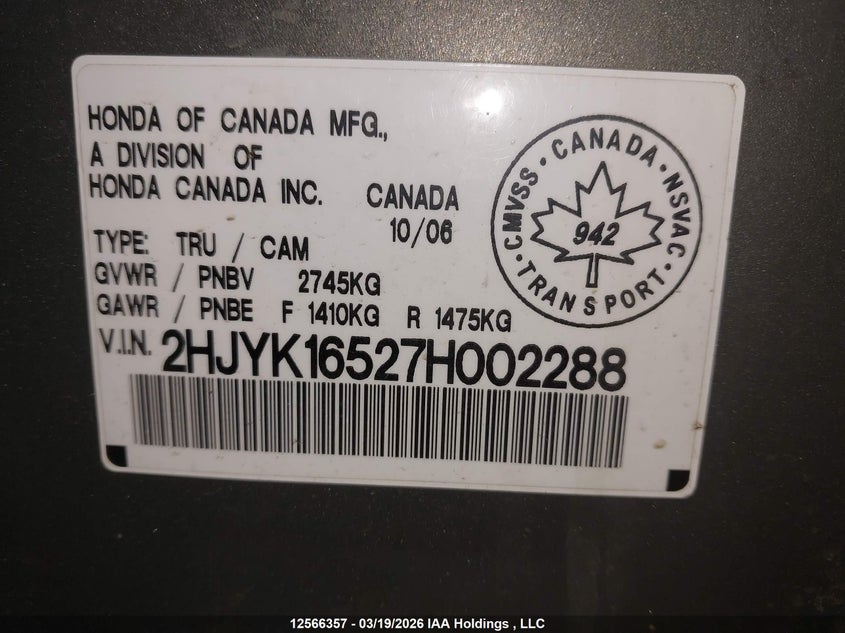 2007 Honda Ridgeline Rtl VIN: 2HJYK16527H002288 Lot: 12566357
