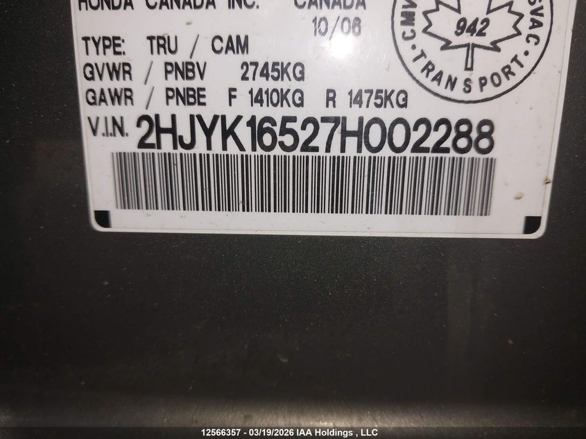2007 Honda Ridgeline Rtl VIN: 2HJYK16527H002288 Lot: 12566357