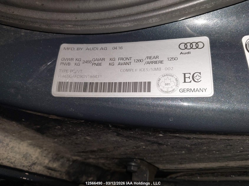 2016 Audi A6 3.0T Progressiv/3.0T Technik VIN: WAUJGAFC9GN186431 Lot: 12566490