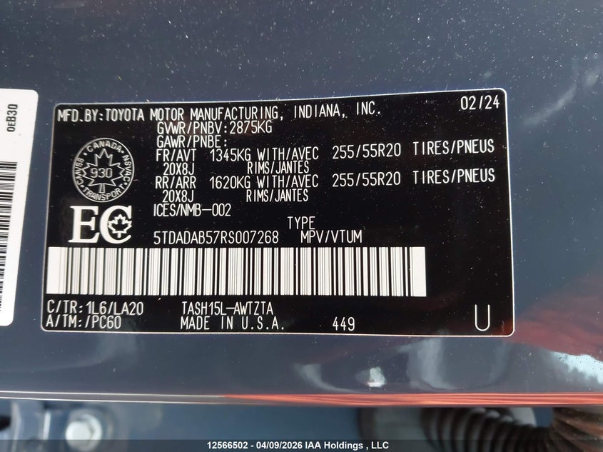 2024 Toyota Grand Highlander Hybrid Platinum VIN: 5TDADAB57RS007268 Lot: 12566502