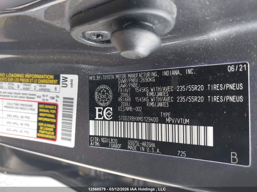 2021 Toyota Highlander Limited/Platinum VIN: 5TDDZRBHXMS129400 Lot: 12566579