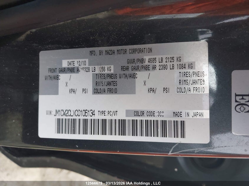 2012 Mazda Mazda5 Gs VIN: JM1CW2CLXC0106134 Lot: 12566679