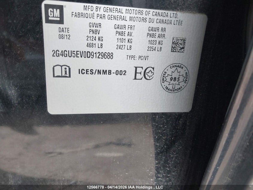 2013 Buick Regal Premium VIN: 2G4GU5EV0D9129688 Lot: 12566778