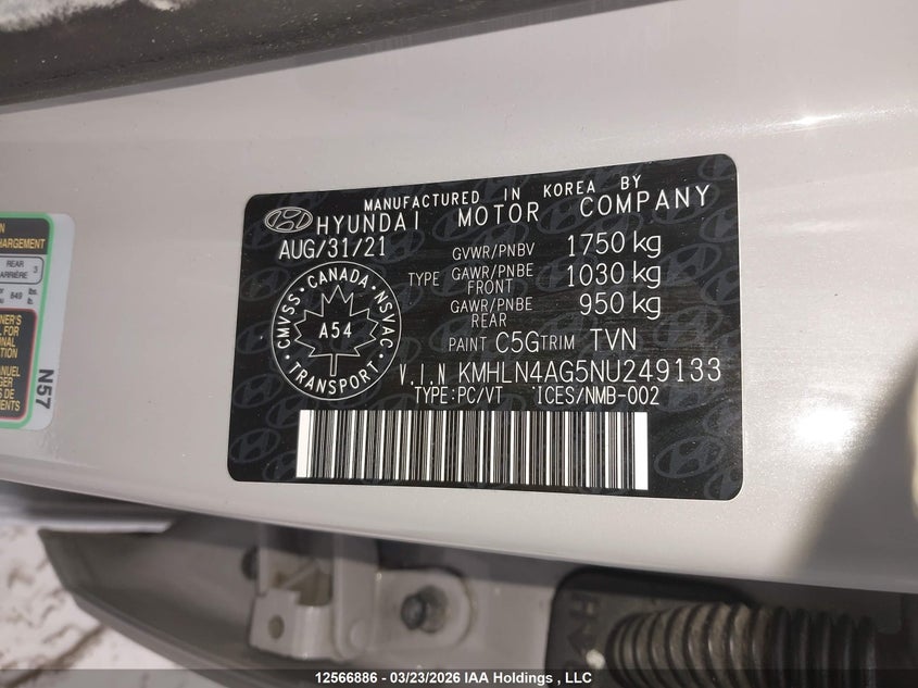 2022 Hyundai Elantra Ultimate Ivt With Tech Package With Two-Tone Interior VIN: KMHLN4AG5NU249133 Lot: 12566886