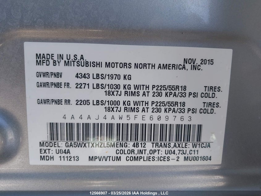 2015 Mitsubishi Rvr VIN: 4A4AJ4AW5FE609763 Lot: 12566907