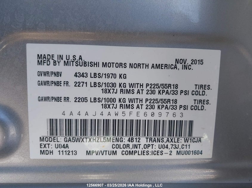 2015 Mitsubishi Rvr VIN: 4A4AJ4AW5FE609763 Lot: 12566907