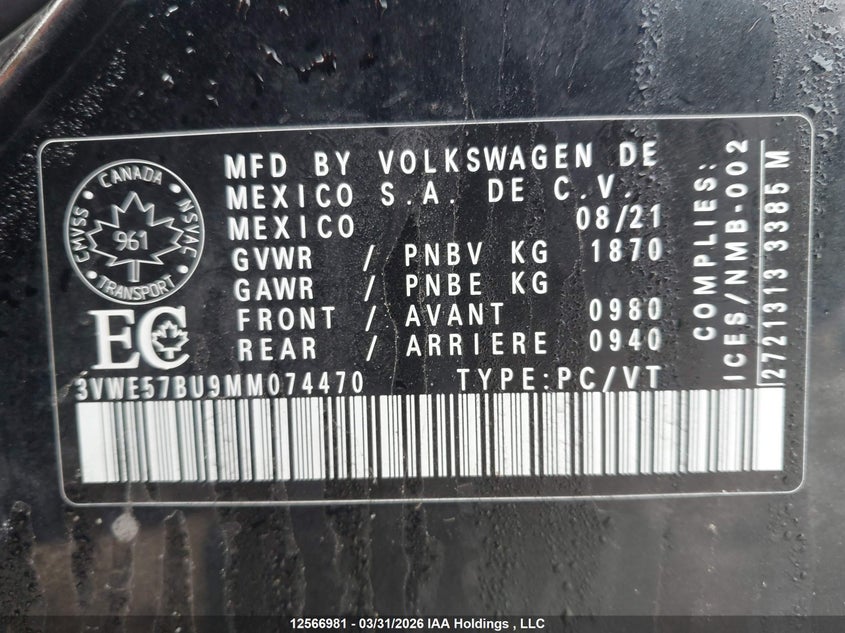 2021 Volkswagen Jetta VIN: 3VWE57BU9MM074470 Lot: 12566981