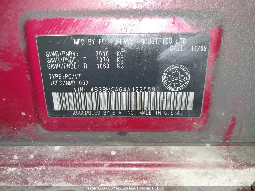 2010 Subaru Legacy VIN: 4S3BMGA64A1225591 Lot: 12567063