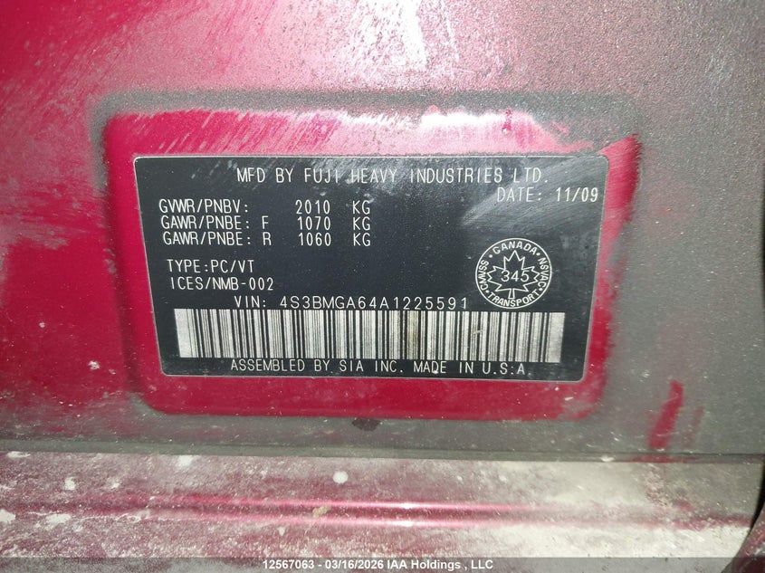 2010 Subaru Legacy VIN: 4S3BMGA64A1225591 Lot: 12567063