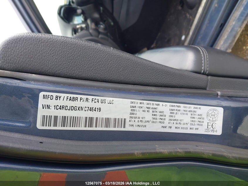 2021 Dodge Durango Gt VIN: 1C4RDJDGXMC746419 Lot: 12567075