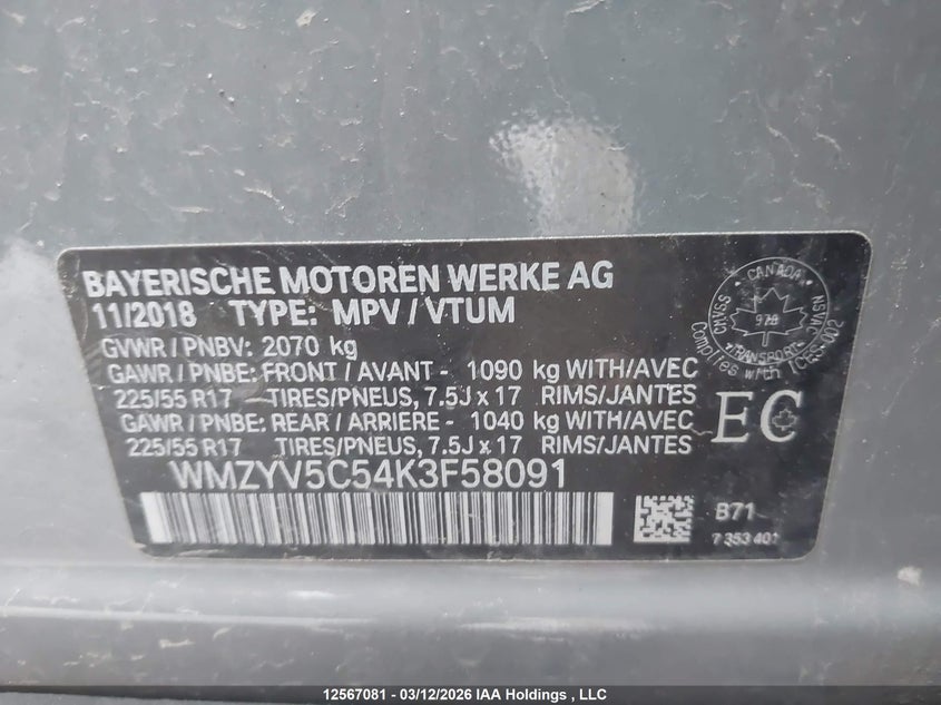 2019 Mini Countryman Cooper VIN: WMZYV5C54K3F58091 Lot: 12567081