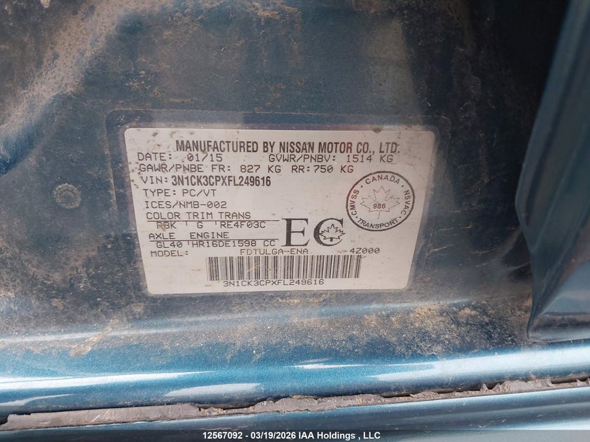 2015 Nissan Micra S/Sr/Sv VIN: 3N1CK3CPXFL249616 Lot: 12567092