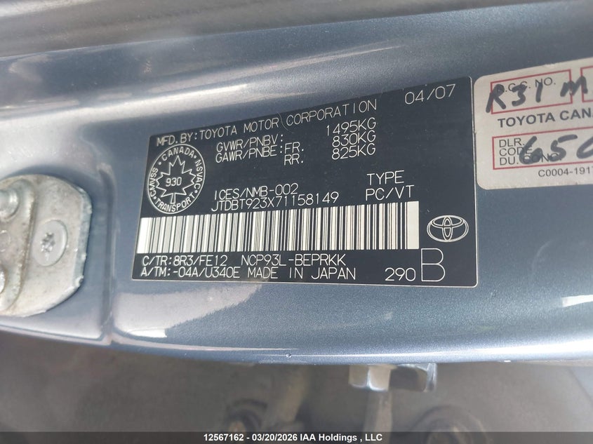 2007 Toyota Yaris VIN: JTDBT923X71158149 Lot: 12567162