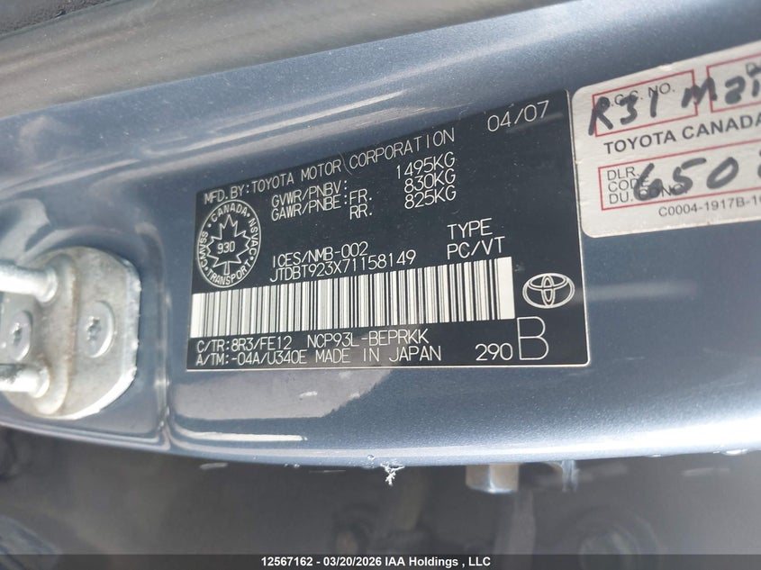 2007 Toyota Yaris VIN: JTDBT923X71158149 Lot: 12567162