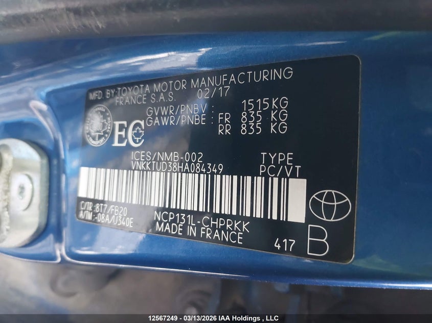 2017 Toyota Yaris Le VIN: VNKKTUD38HA084349 Lot: 12567249