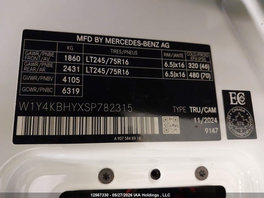 2025 Mercedes-Benz Sprinter 2500 Standard Roof 4-Cyl Diesel VIN: W1Y4KBHYXSP782315 Lot: 12567330