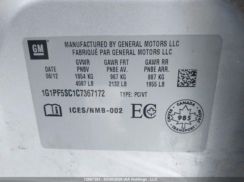 2012 Chevrolet Cruze Lt VIN: 1G1PF5SC1C7367172 Lot: 12567393