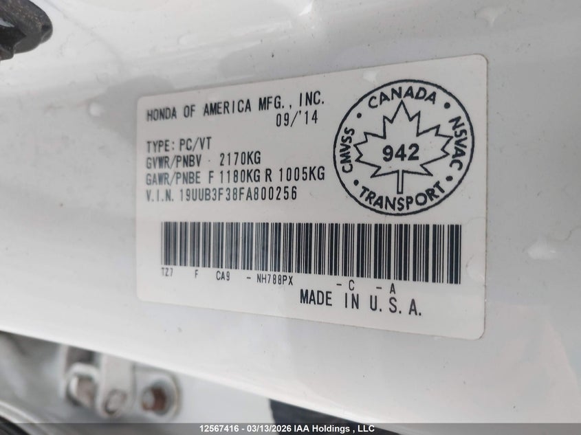 2015 Acura Tlx VIN: 19UUB3F38FA800256 Lot: 12567416