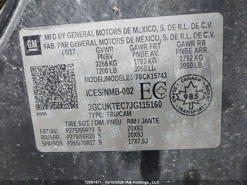 2018 Chevrolet Silverado K1500 High Country VIN: 3GCUKTEC7JG115160 Lot: 12567471