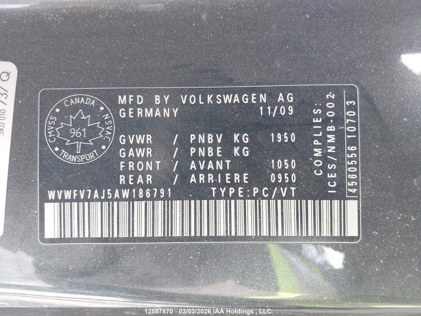 2010 Volkswagen Golf Gti 3-Door VIN: WVWFV7AJ5AW186791 Lot: 12557870X