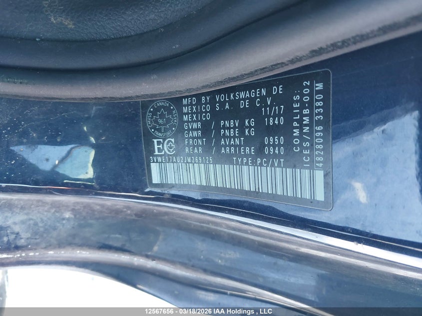 2018 Volkswagen Golf 1.8 Tsi Trendline VIN: 3VWE17AU2JM269125 Lot: 12567656